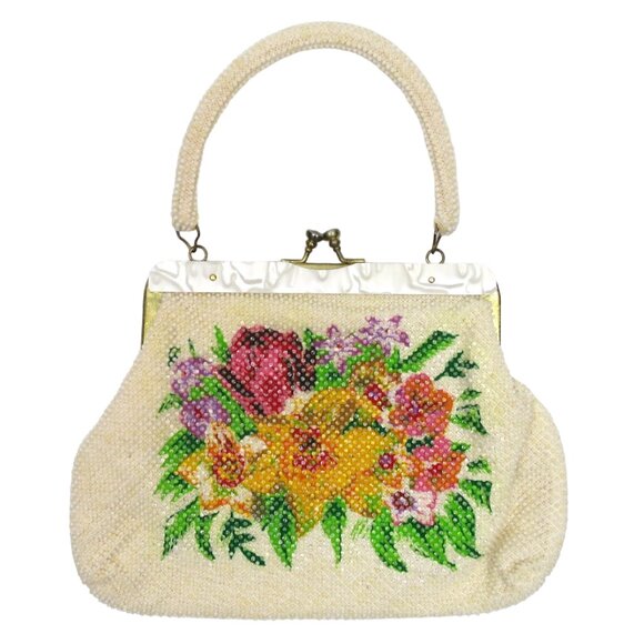 Vtg 1960s Mid Century Floral Beaded & Lucite Trim Handbag - Picture 3 of 6